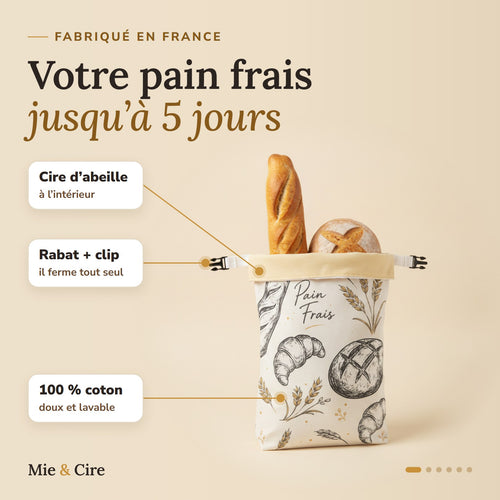 Sac à pain Mie & Cire : votre pain frais jusqu'à 5 jours. Cire d'abeille à l'intérieur, rabat et clip, 100 % coton doux et lavable. Fabriqué en France.