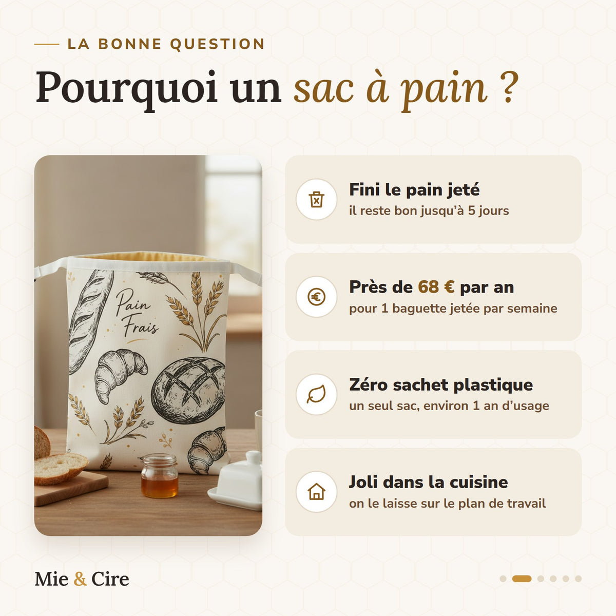 Pourquoi un sac à pain : fini le pain jeté, il reste bon jusqu'à 5 jours ; près de 68 € par an économisés pour une baguette jetée par semaine ; zéro sachet plastique ; joli dans la cuisine.