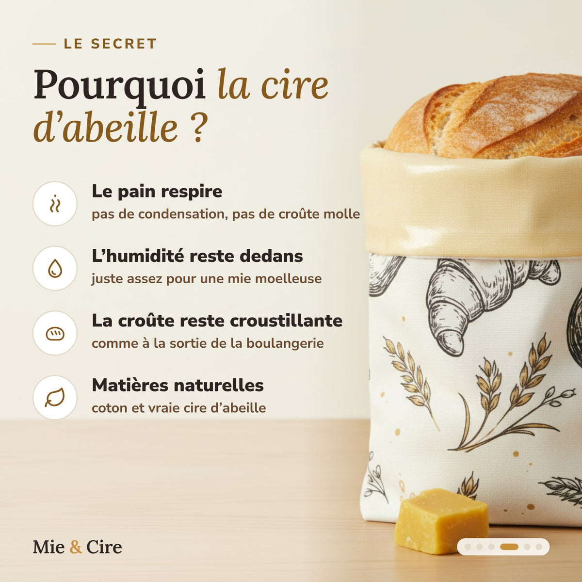 Pourquoi la cire d'abeille : le pain respire, l'humidité reste dedans pour une mie moelleuse, la croûte reste croustillante, matières naturelles. Photo de la doublure cirée jaune miel.