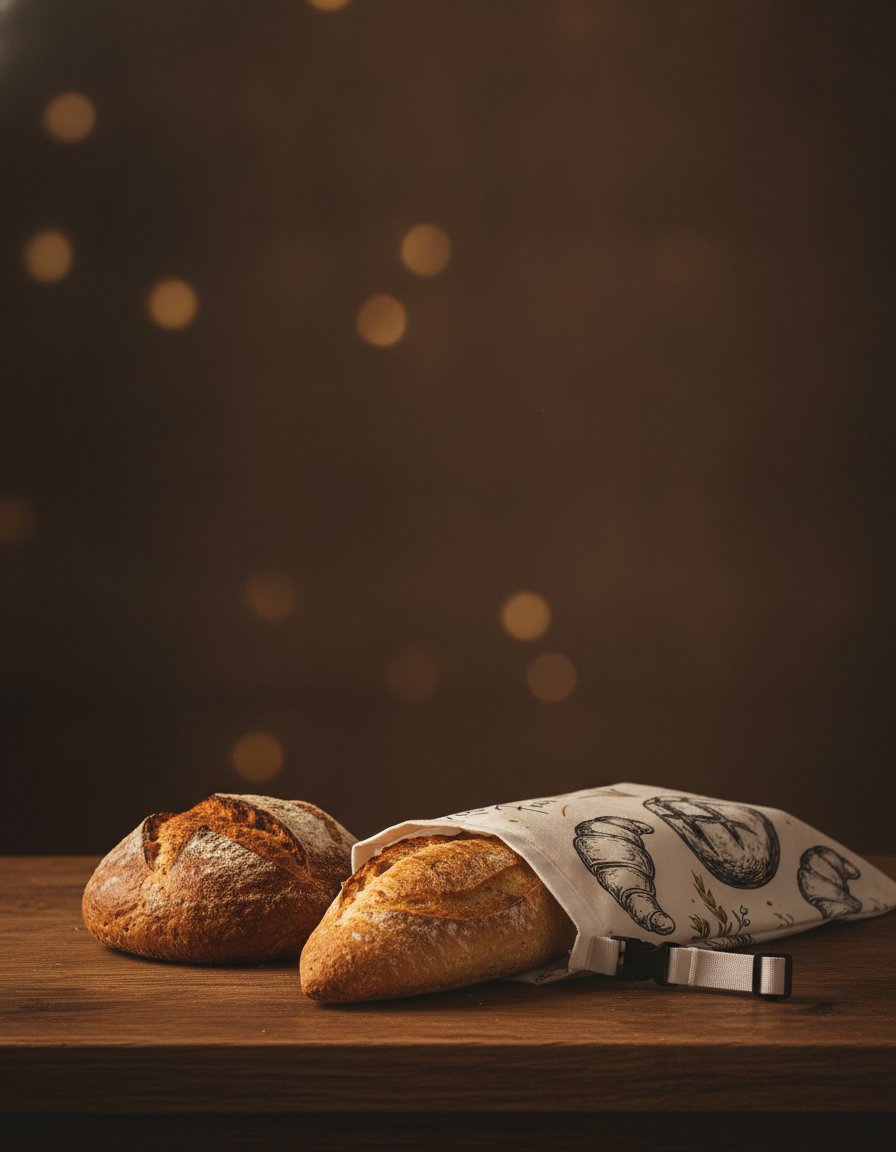 Sac à pain Mie & Cire « Pain Frais » avec une baguette et une miche sur une table en bois, lumière chaude