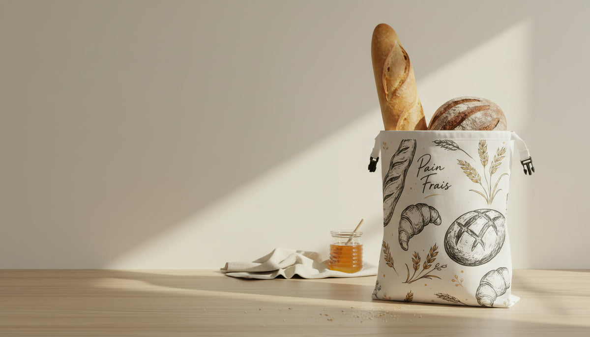 Sac à pain Mie & Cire avec une baguette et une miche sur un plan de travail en bois, lumière du matin