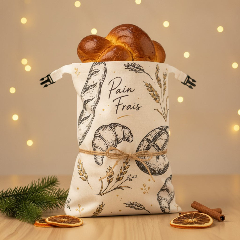 Sac à pain Mie & Cire emballé pour Noël avec un ruban en jute et une brioche